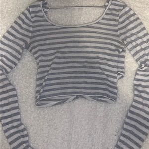 Grey and white striped long sleeve crop top